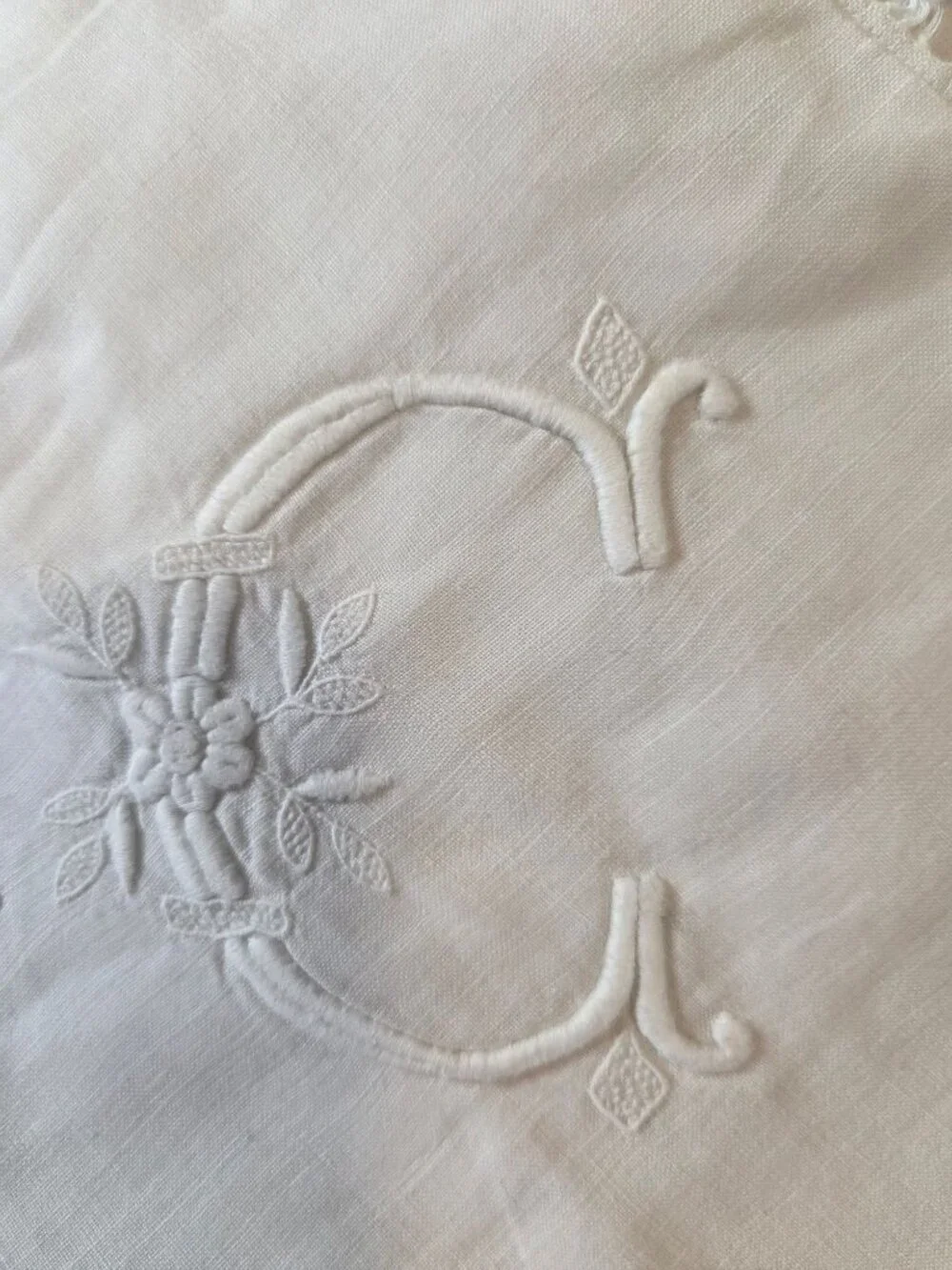 ANTIQ French Mono Euro Sham Pillow Cutwork Button Closure White Linen Embroidery - Picture 11 of 11
